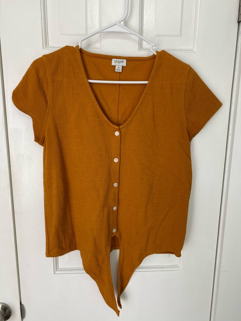 J. Crew Women's Mustard Short-Sleeve Button Front Top with Tie Hem